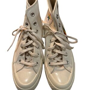 Converse Cream High Top Sneakers with Rainbow Stripe